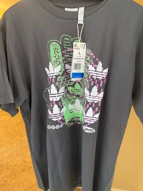 adidas Men's Short Sleeve Graphic Tee in Charcoal with Green & Purple Print